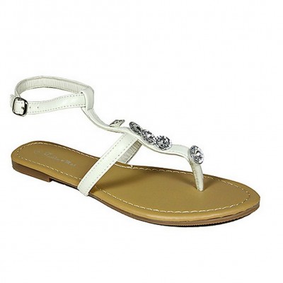 Sandals - 6-pair Leather Like w/ Clear Beads - White - SL-LDL201009WT